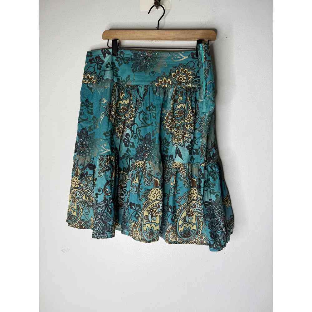 David Paul Teal Floral Paisley Tiered Cotton Mini skirt Size 14 Boho Made in USA